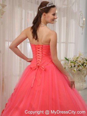 Tulle A-line Princess Flowers Beading Watermelon Quinceanera Dress