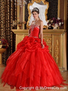 Organza Strapless Ruffles Appliques with Beading Red Quinceanera Dress