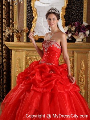 Organza Strapless Ruffles Appliques with Beading Red Quinceanera Dress