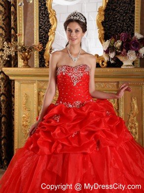 Organza Strapless Ruffles Appliques with Beading Red Quinceanera Dress