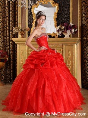 Organza Strapless Ruffles Appliques with Beading Red Quinceanera Dress