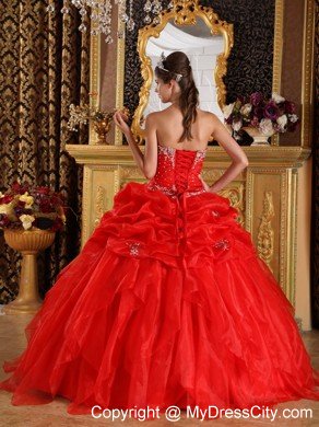 Organza Strapless Ruffles Appliques with Beading Red Quinceanera Dress