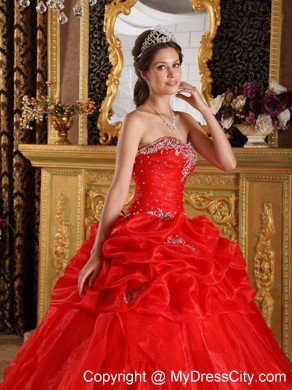 Organza Strapless Ruffles Appliques with Beading Red Quinceanera Dress