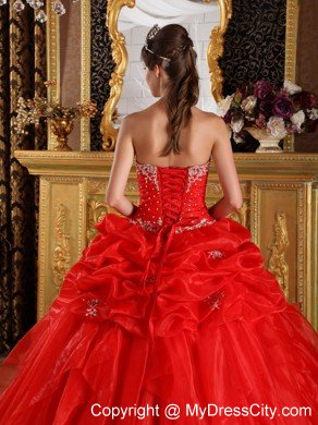 Organza Strapless Ruffles Appliques with Beading Red Quinceanera Dress