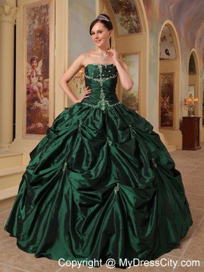 Strapless Beading Taffeta Hunter Green Puffy Quinceanera Dress