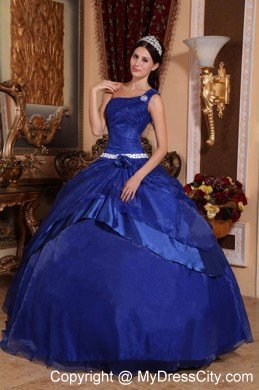 One Shoulder Organza Beading Royal Blue Quinceanera Gowns