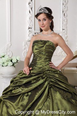 Ruches Strapless Taffeta Beading Olive Green Quinceanera Dress 2013