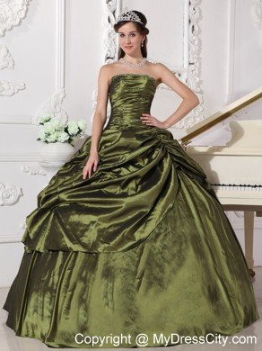 Ruches Strapless Taffeta Beading Olive Green Quinceanera Dress 2013