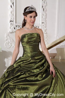 Ruches Strapless Taffeta Beading Olive Green Quinceanera Dress 2013