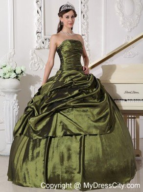 Ruches Strapless Taffeta Beading Olive Green Quinceanera Dress 2013