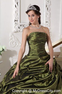 Ruches Strapless Taffeta Beading Olive Green Quinceanera Dress 2013