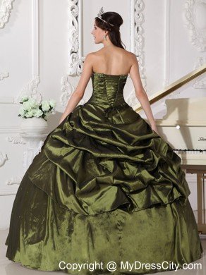 Ruches Strapless Taffeta Beading Olive Green Quinceanera Dress 2013