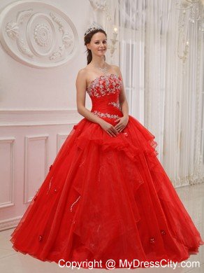 Strapless Organza Appliques 2013 Red Sweet Sixteen Dresses