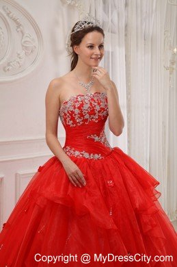 Strapless Organza Appliques 2013 Red Sweet Sixteen Dresses