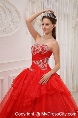 Strapless Organza Appliques 2013 Red Sweet Sixteen Dresses