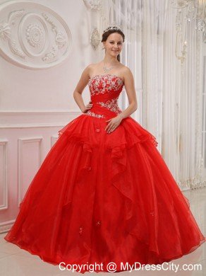 Strapless Organza Appliques 2013 Red Sweet Sixteen Dresses