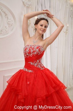 Strapless Organza Appliques 2013 Red Sweet Sixteen Dresses