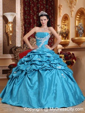 Taffeta Pick Ups Aqua Blue Quinceanera Dress with White Appliques