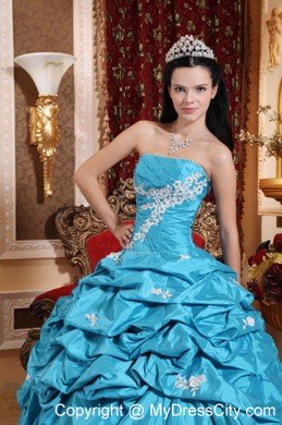 Taffeta Pick Ups Aqua Blue Quinceanera Dress with White Appliques