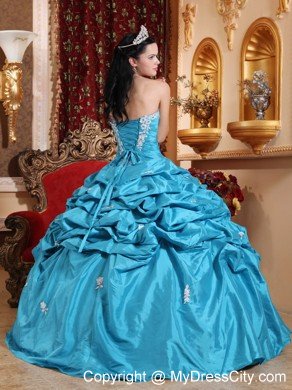 Taffeta Pick Ups Aqua Blue Quinceanera Dress with White Appliques