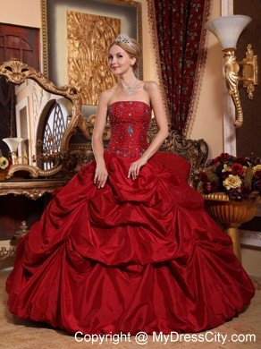 Tailor Made Strapless Pick Ups Red Beaded Quinceanera Dress