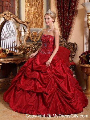 Tailor Made Strapless Pick Ups Red Beaded Quinceanera Dress