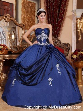 Sweetheart Taffeta Appliques Flowers 2013 Navy Blue Quinceanera Dress