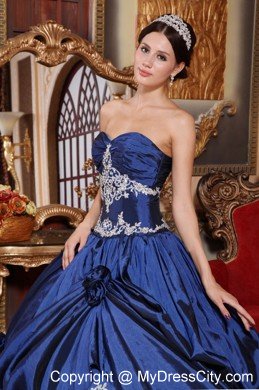 Sweetheart Taffeta Appliques Flowers 2013 Navy Blue Quinceanera Dress