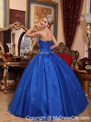 Strapless Taffeta and Tulle Appliques Blue Long Quinceanera Gowns