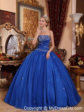 Strapless Taffeta and Tulle Appliques Blue Long Quinceanera Gowns