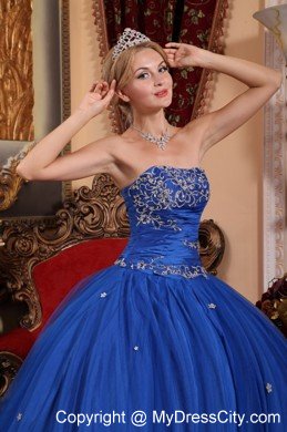 Strapless Taffeta and Tulle Appliques Blue Long Quinceanera Gowns