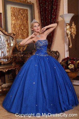 Strapless Taffeta and Tulle Appliques Blue Long Quinceanera Gowns