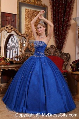 Strapless Taffeta and Tulle Appliques Blue Long Quinceanera Gowns