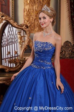 Strapless Taffeta and Tulle Appliques Blue Long Quinceanera Gowns