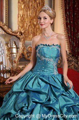 Taffeta Strapless Appliques and Beading Pick-ups Teal Quinceanera Dress