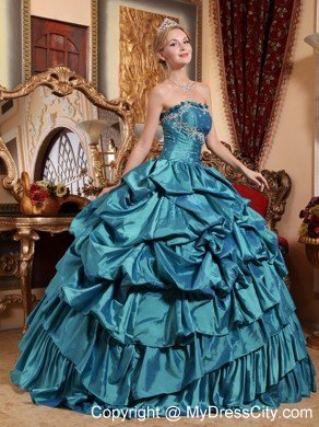 Taffeta Strapless Appliques and Beading Pick-ups Teal Quinceanera Dress