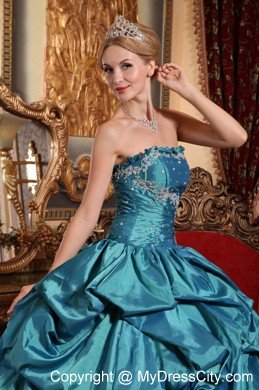 Taffeta Strapless Appliques and Beading Pick-ups Teal Quinceanera Dress