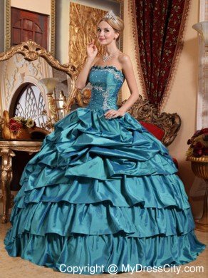 Taffeta Strapless Appliques and Beading Pick-ups Teal Quinceanera Dress