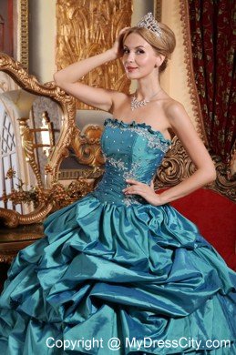 Taffeta Strapless Appliques and Beading Pick-ups Teal Quinceanera Dress