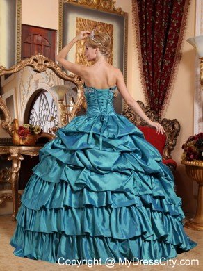 Taffeta Strapless Appliques and Beading Pick-ups Teal Quinceanera Dress