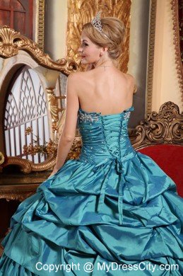 Taffeta Strapless Appliques and Beading Pick-ups Teal Quinceanera Dress