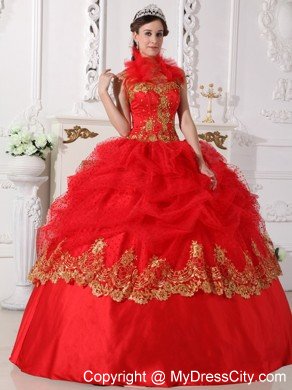 Red Halter Beading and Appliques Puffy Quinceanera Dress