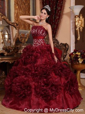 Strapless Organza Appliques Ruffles Burgundy Quinceanera Dress