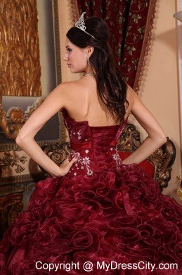 Strapless Organza Appliques Ruffles Burgundy Quinceanera Dress