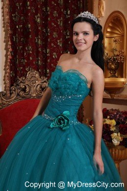 Tulle Sweetheart Ruching Beading Teal Dress for Sweet 15