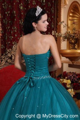 Tulle Sweetheart Ruching Beading Teal Dress for Sweet 15