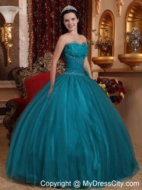 Tulle Sweetheart Ruching Beading Teal Dress for Sweet 15