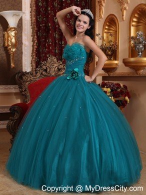 Tulle Sweetheart Ruching Beading Teal Dress for Sweet 15