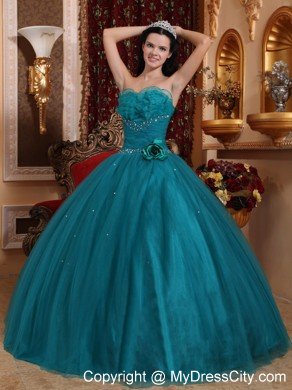 Tulle Sweetheart Ruching Beading Teal Dress for Sweet 15