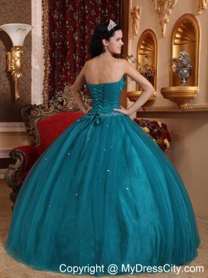 Tulle Sweetheart Ruching Beading Teal Dress for Sweet 15